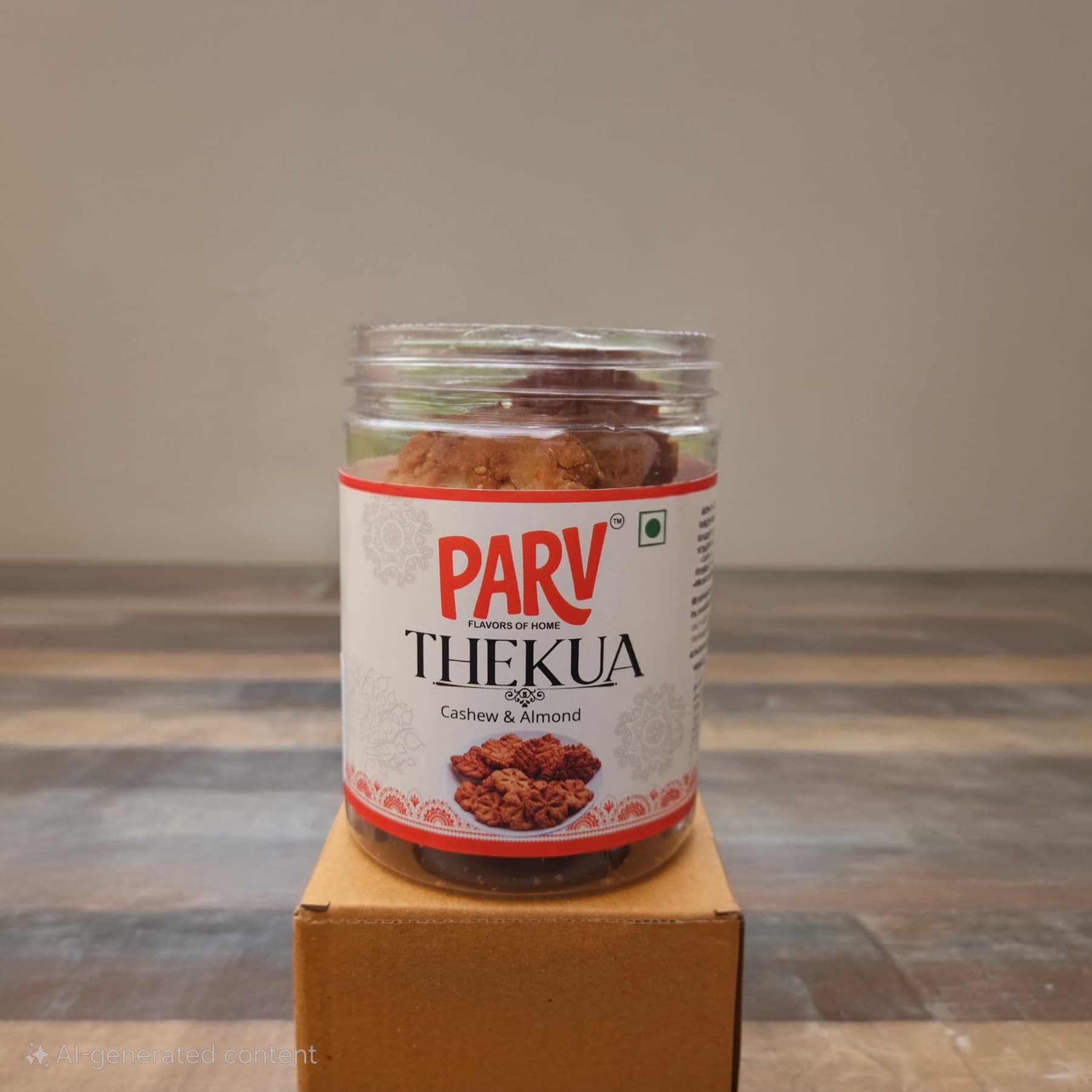 A genuine jar of PARV FOODS Thekua